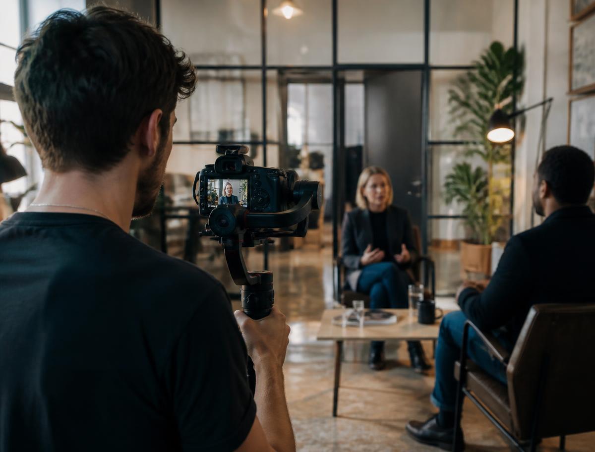 Videograaf filmt een interview op locatie